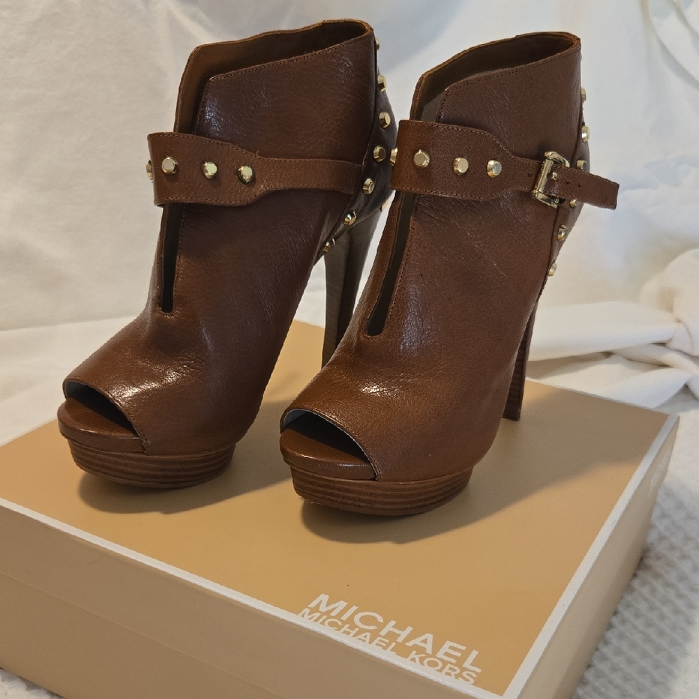 Michael Kors Brown Studded Peep-Toe Platform Ankle Booties